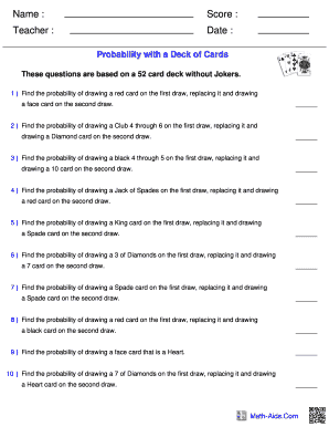 Probability with a Deck of Cards Worksheet Answers PDF  Form