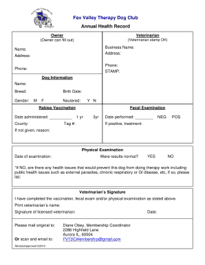 Fox Valley Therapy Dog Club Annual Health Record  Form