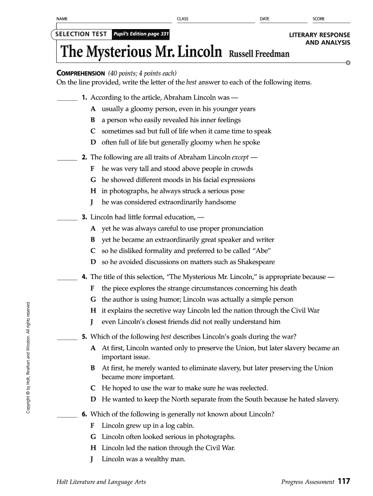 The Mysterious Mr Lincoln Answer Key  Form