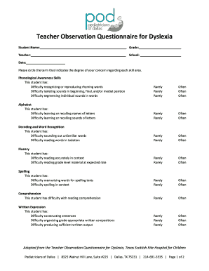Dyslexia Questionnaire for Teachers  Form
