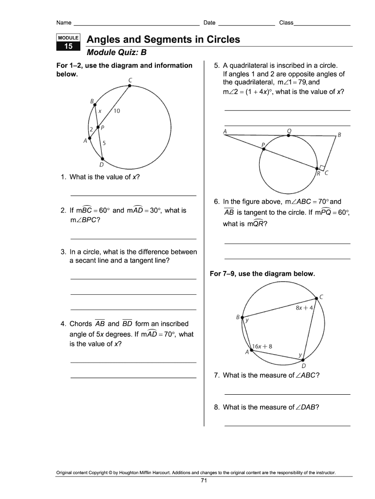 Module 15 Angles and Segments in Circles Answer Key  Form