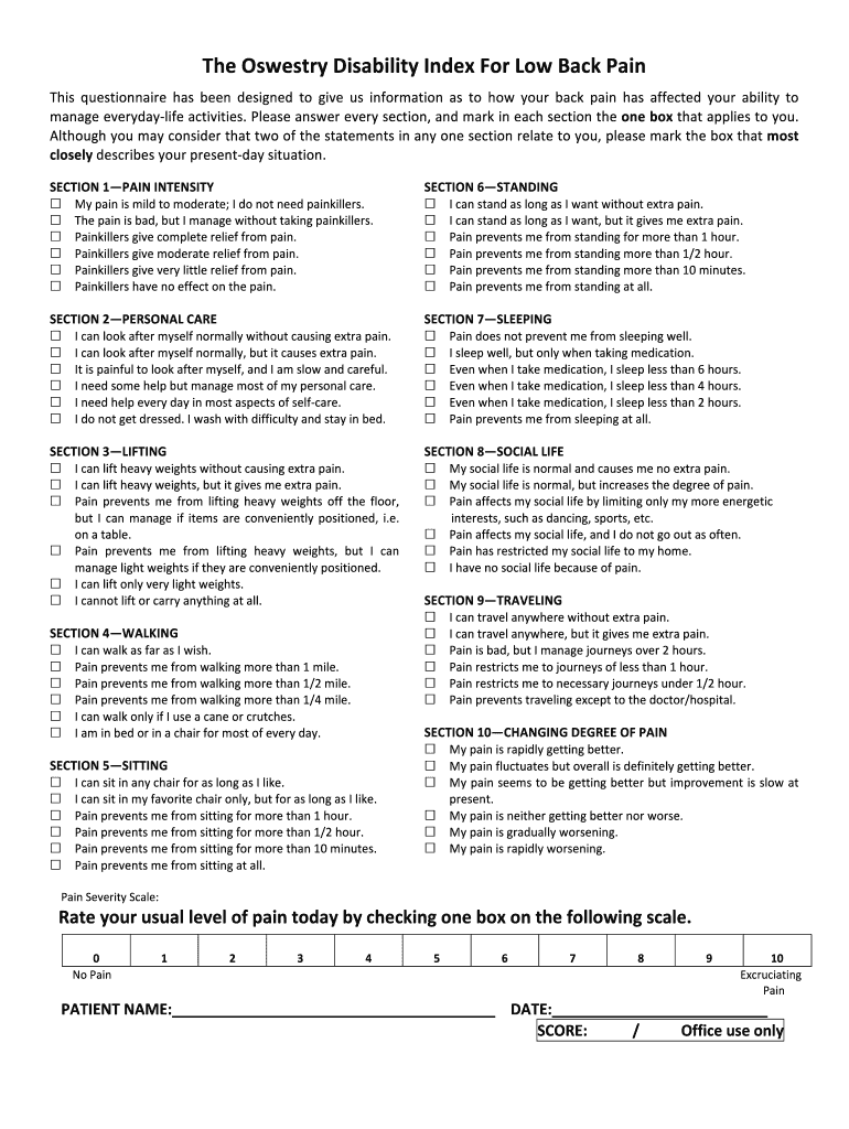 Oswestry Low Back Disability Index Pitt Meadows Wellness  Form