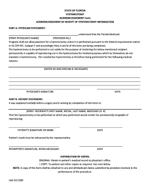  DRAFT Hysterectomy Acknowledgment Form, HAF 07 1999