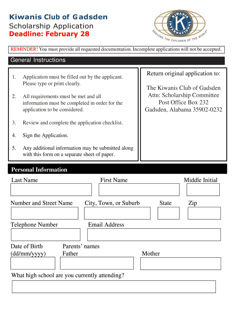 Kiwanis Club of Gadsden Scholarship Application Deadline Gadsdenkiwanis  Form