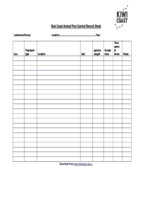 Kiwi Coast Animal Pest Control Record Sheet  Form