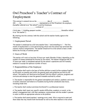 Preschool Teacher Contract Sample  Form