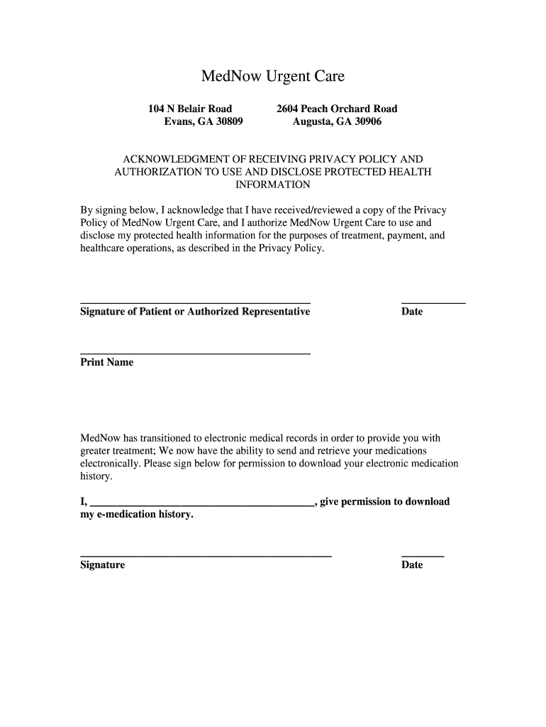 Signature Acknowledgement Page MedNow Urgent Care Mednowurgentcare  Form