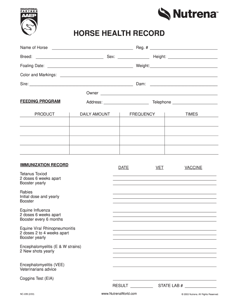 HORSE HEALTH RECORD Nutrena Feed  Form