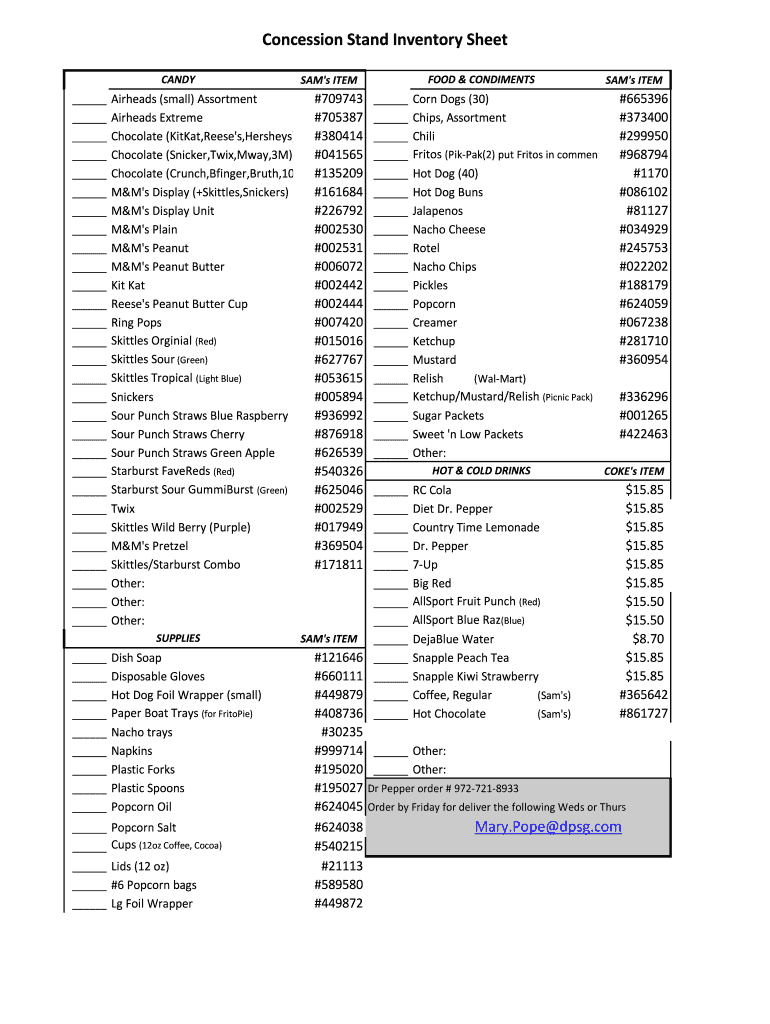 Concession Stand Inventory Sheet  Form