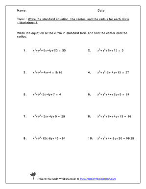 General to Standard Form of a Circle Worksheet