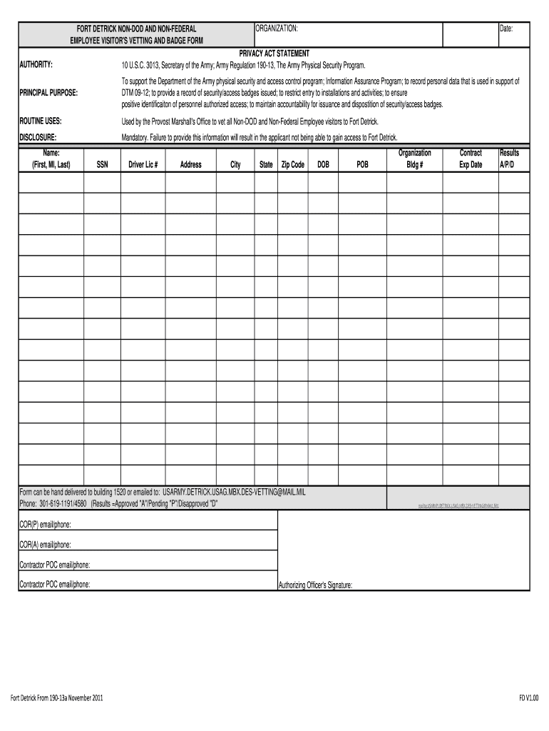 FORT DETRICK NON DOD and NON FEDERAL EMPLOYEE VISITORS  Form