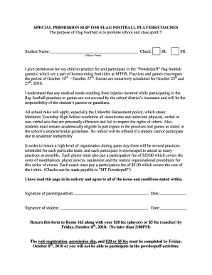 SPECIAL PERMISSION SLIP for FLAG FOOTBALL PLAYERSCOACHES the Purpose of Flag Football is to Promote School and Class Spirit  Form