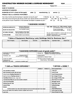 Construction Worker Income &amp; Expense Worksheet MER Tax  Form