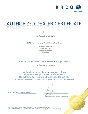 Dealership Certificate  Form