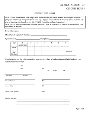 Driver Statement of on Duty Hours  Form