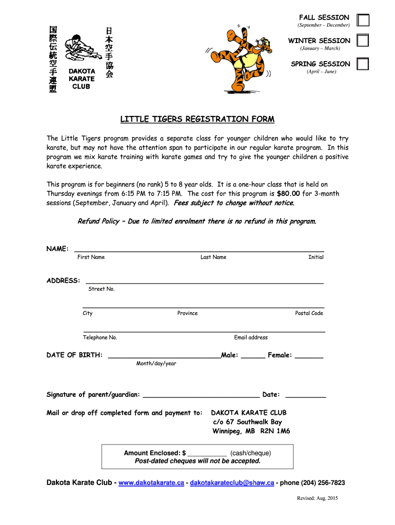  LITTLE TIGERS REGISTRATION FORM DAKOTA KARATE 2015-2024