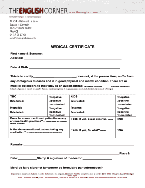 Au Pair Medical Certificate  Form