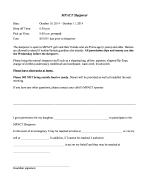 October 10 Sleepover Permission Slip PDF Fillable Newhopecf  Form