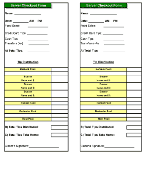 Restaurant Server Checkout Sheet  Form