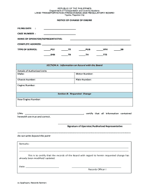 NOTICE of CHANGE of ENGINE FILING DATE BLTFRBb 9 Ltfrb 9  Form