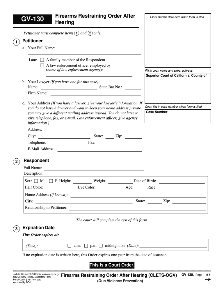  GV 130 Firearms Restraining Order After Hearing Judicial Council Forms  Courts Ca 2016