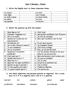 Year 7 French Test Papers with Answers  Form