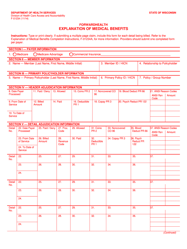  Explanation of Medical Benefits, F 01234, Wisconsin Department Dhs Wisconsin 2014