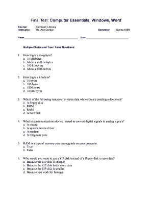 Computer Literacy Test PDF  Form