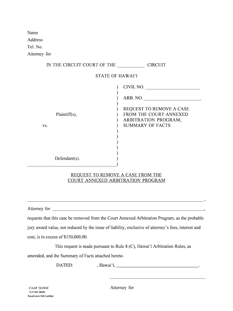 Request to Remove a Case from the Court Annexed Arbitration Program Courts State Hi  Form