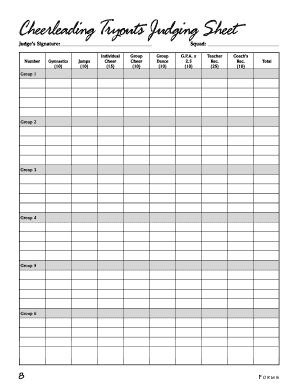 Cheerleading Tryouts Judging Sheet Judges Signature Number Gymnastics 10 Jumps 10 Individual Cheer 15 Group Cheer 10 Squad Group  Form