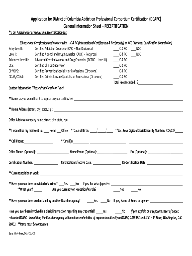  DCAPC Recertification Form  DC Addiction Professional Consortium  Dcapcboard 2010-2024