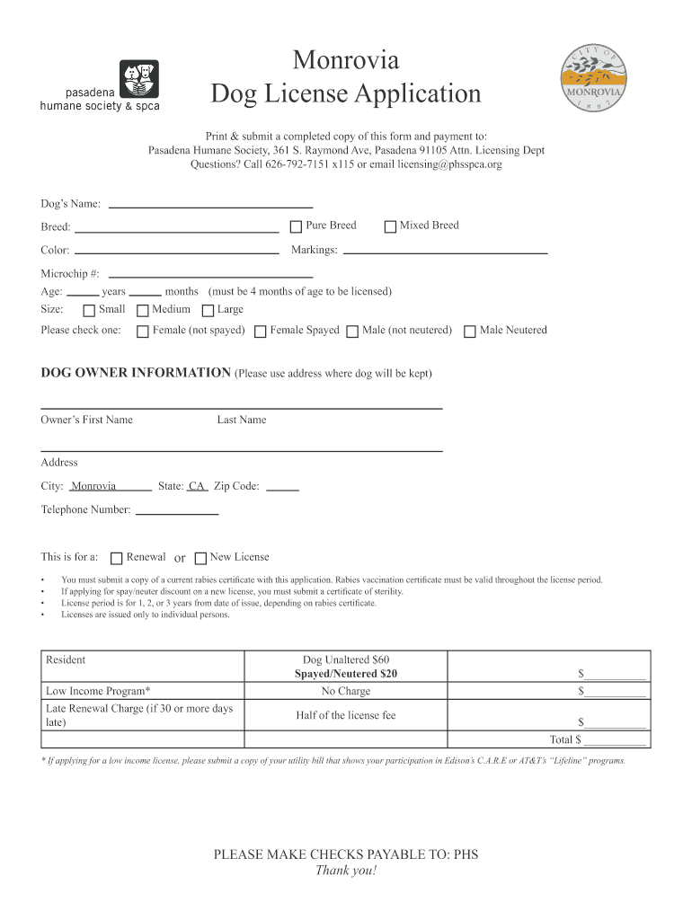 Ca Pasadena Dog License  Form