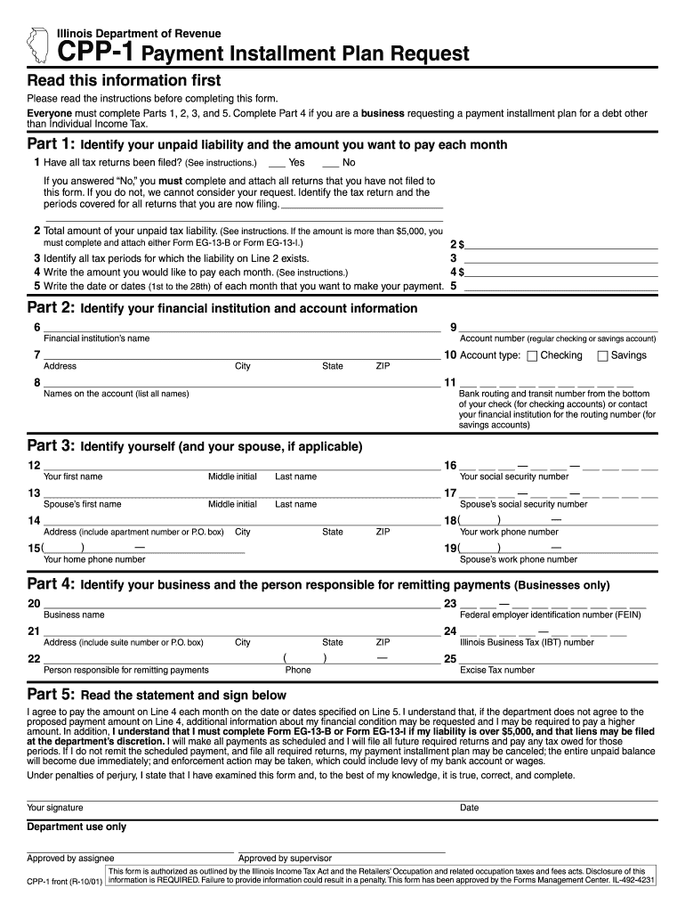  Illinois Department of Revenue CPP1 Payment Installment Plan Request Read This Information First Please Read the Instructions Be 2020