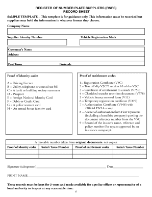 Register of Number Plate Suppliers Record Sheet  Form