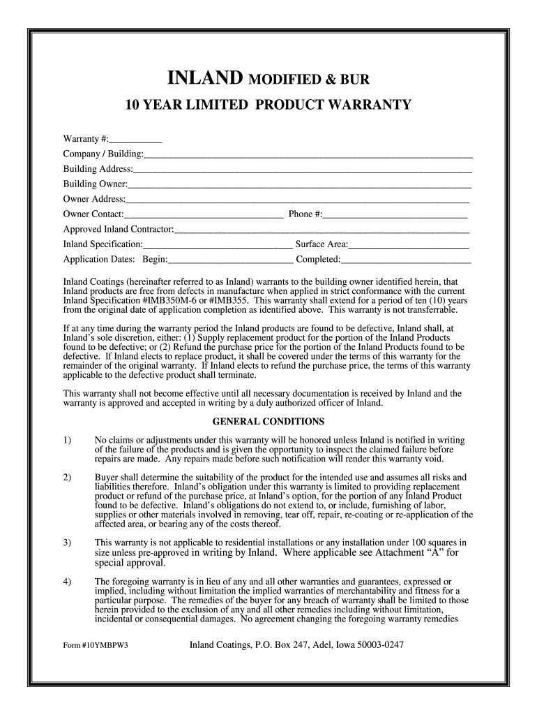 Modified BUR 10 Limited Product Warranty Inland Coatings  Form