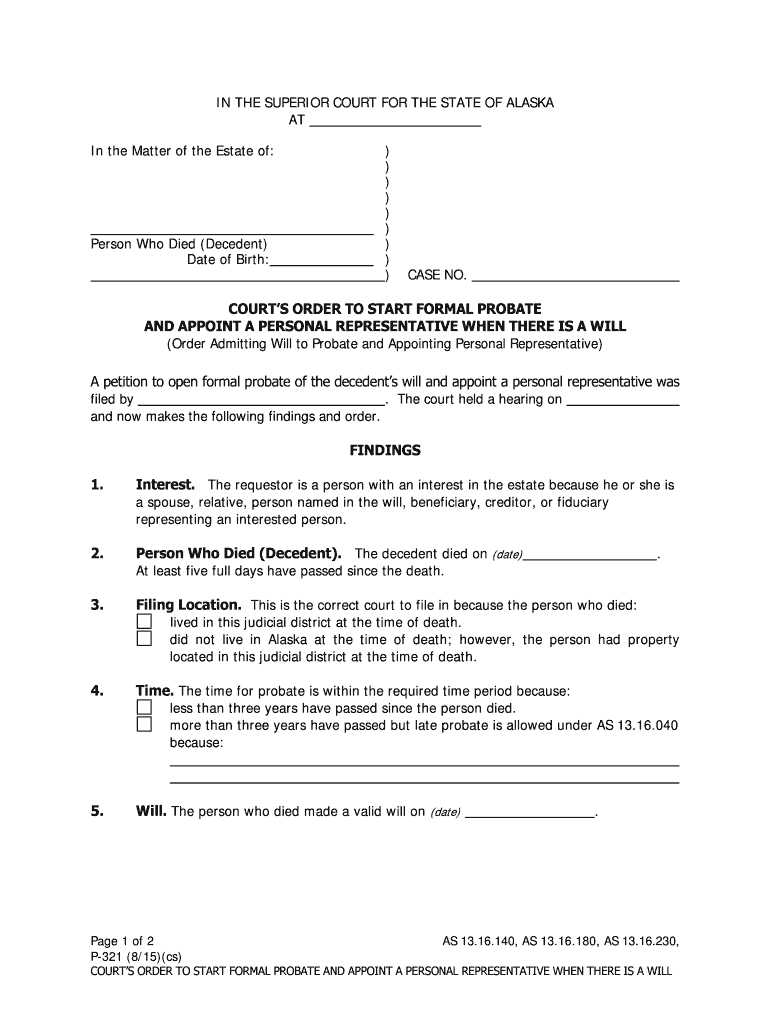 P 321 Order Starting Formal Probate and Appointing PR Yes Will 8