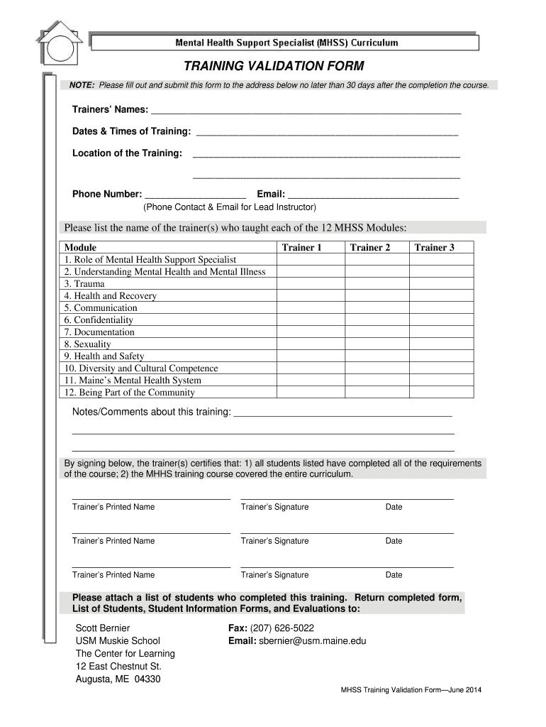  TRAINING VALIDATION FORM Muskie Usm Maine 2014