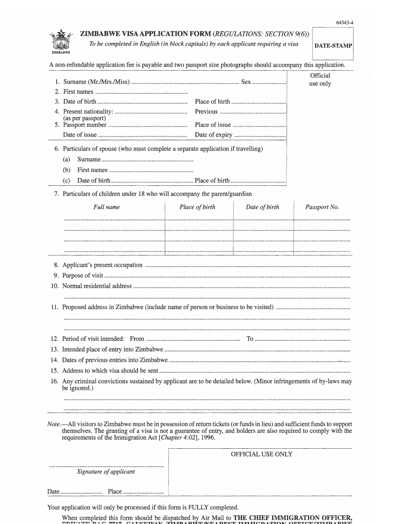 Zimbabwe Visa Application Form PDF