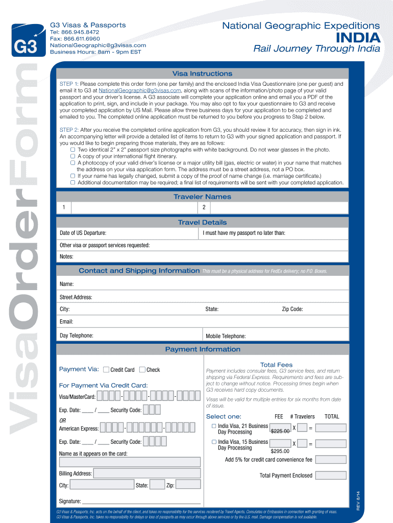  Visa Order Form  G3 Visas & Passports 2014