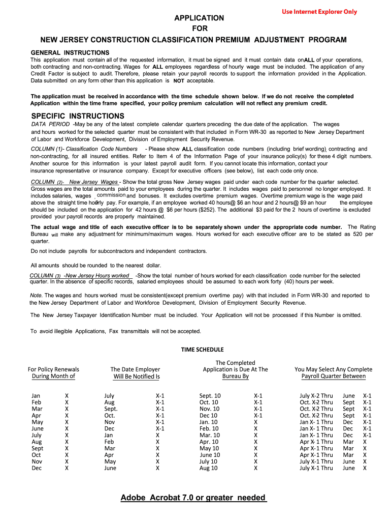 Application of New Jersey Construction Classification Premium  Form