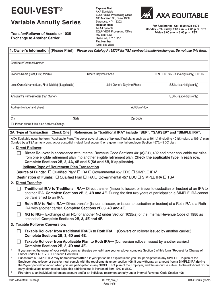  Equivest Transfer Rollover Form 2012-2024