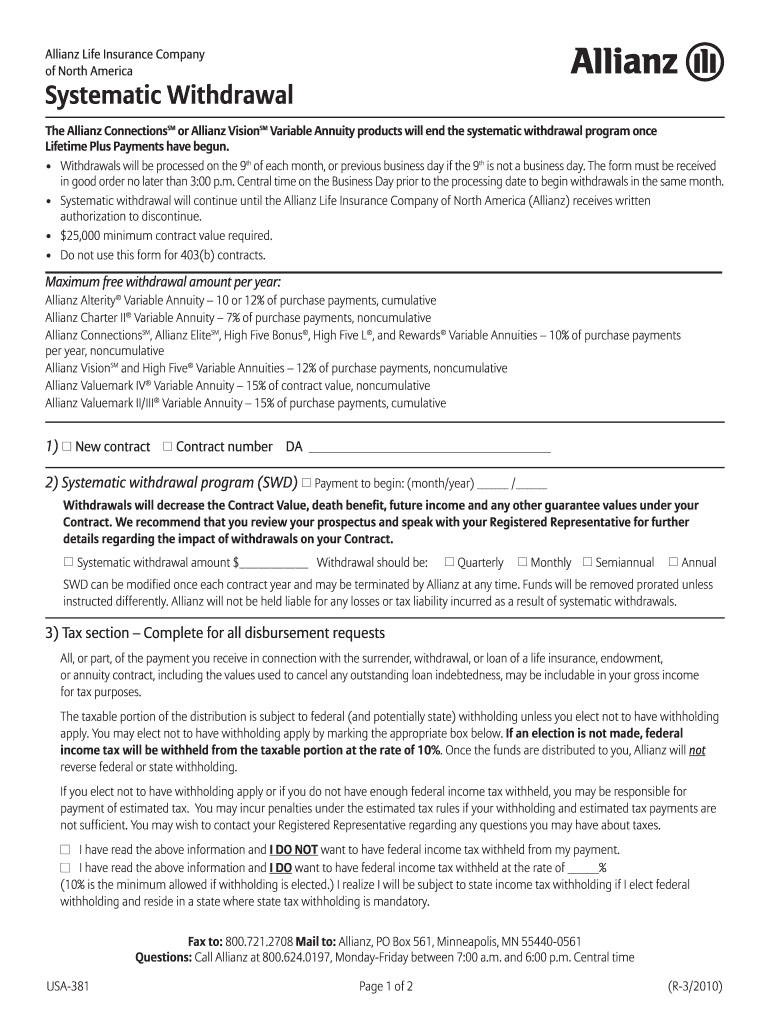  Allianz Withdrawal Form 2010-2024