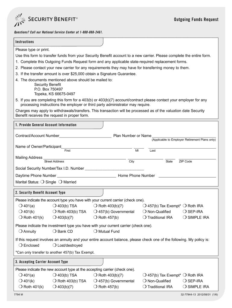  Security Benefit Outgoing Funds Request Form 2012