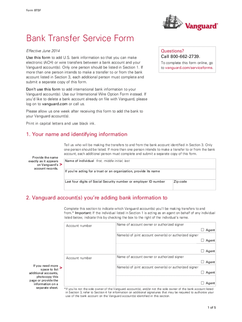 Vanguard Bank Transfer Service Form