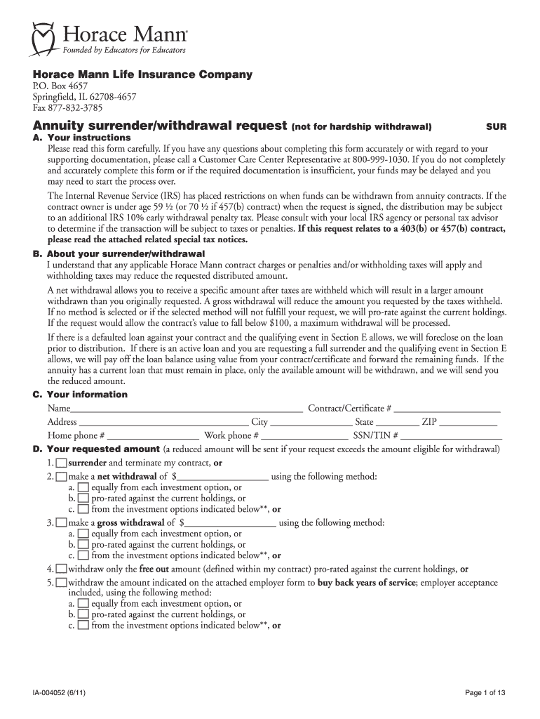  Horace Mann Annuity Withdrawal 2011