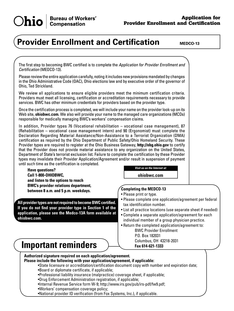  Application for Provider Enrollment and Certification  Ohio BWC 2009