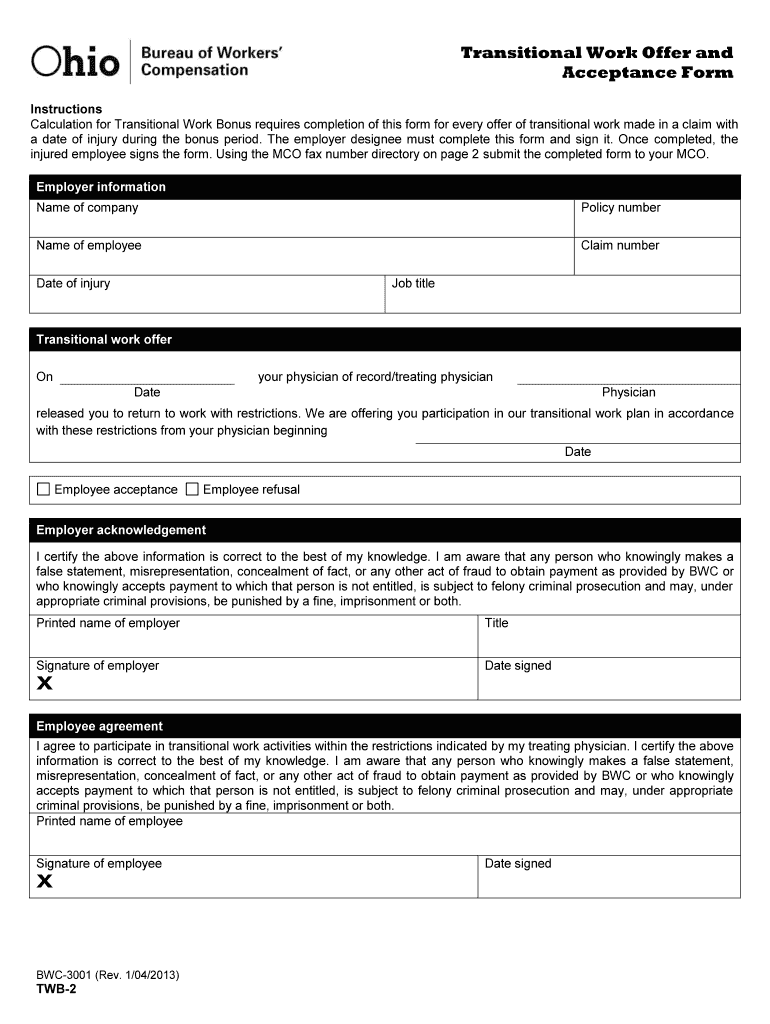 transitional work assignment form