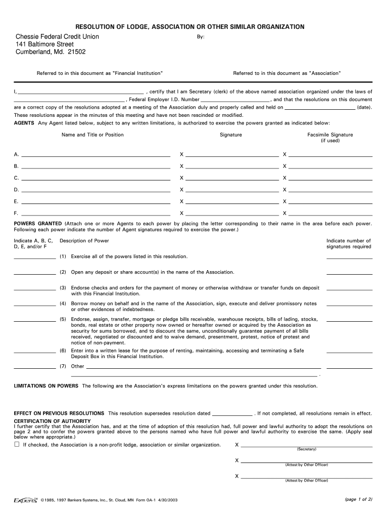 Resolution of Lodge Association or Other Similar Organization  Form