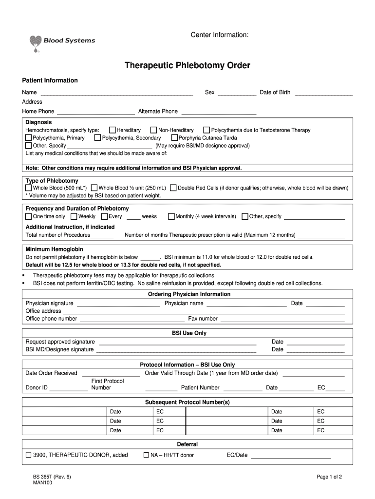 Blood Therapeutic Phlebotomy Form