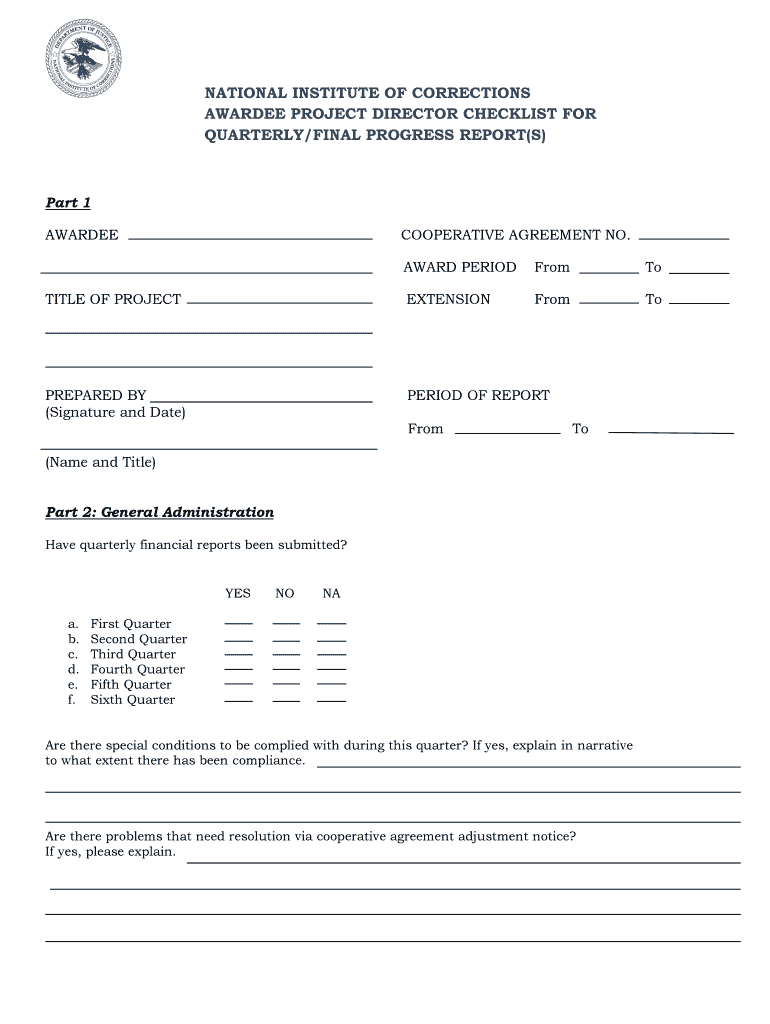 NATIONAL INSTITUTE of CORRECTIONS AWARDEE PROJECT DIRECTOR CHECKLIST for QUARTERLYFINAL PROGRESS REPORTS  Form